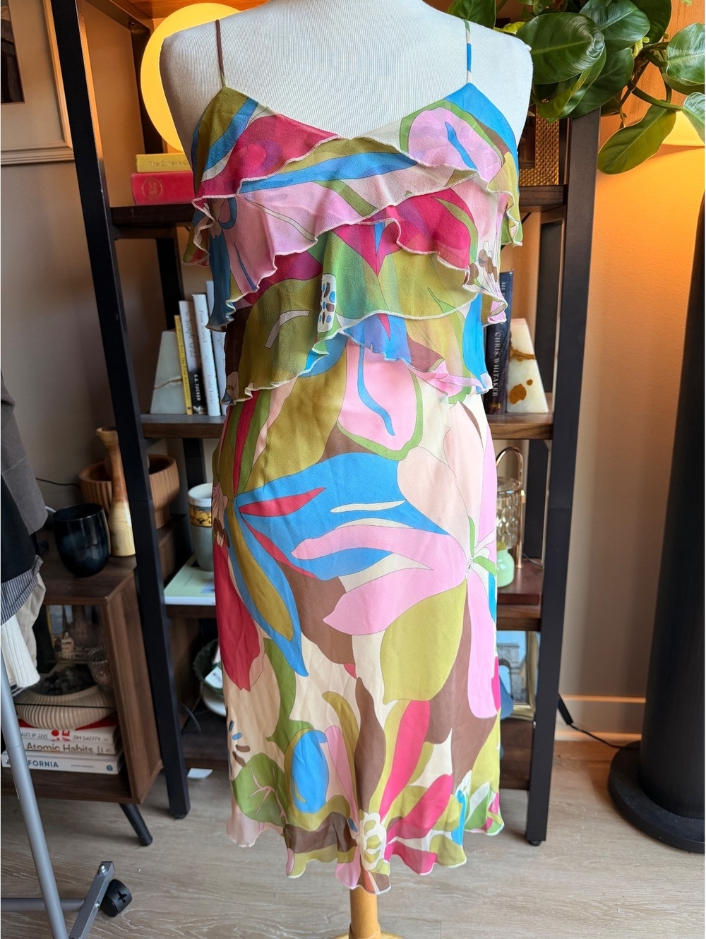 Colorful Floral Ruffle Midi Dress with Spaghetti Straps